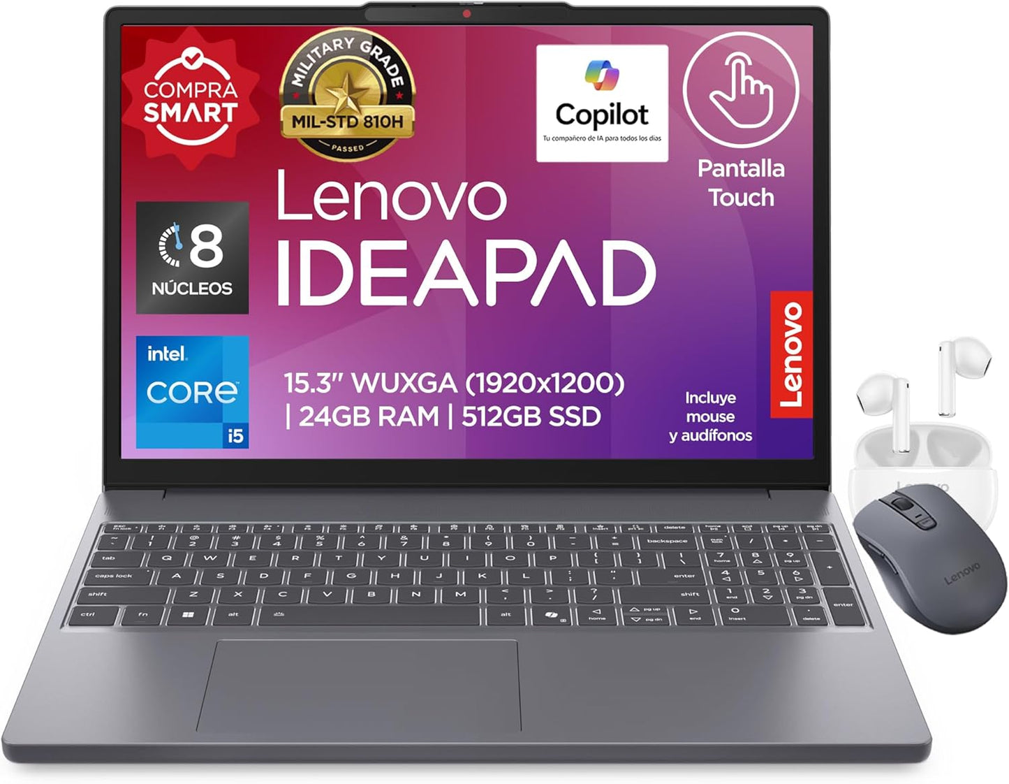 Lenovo Laptop Ideapad Slim 3 + Audífonos y Mouse| Intel Core i5 | 24GB RAM 512GB SSD